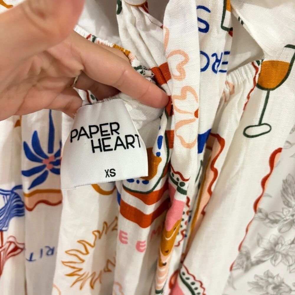 Paper Heart Dress Women XS Maxi Strapless Linen Blend Italy Capri Aperol Print - Picture 5 of 10